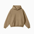 Men's loose fit terry cotton hooded sweater in multiple colours on a size chart background.