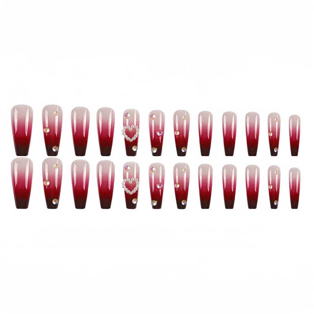 Wine red gradient false nail tips with heart and pearl pattern in long ballet style