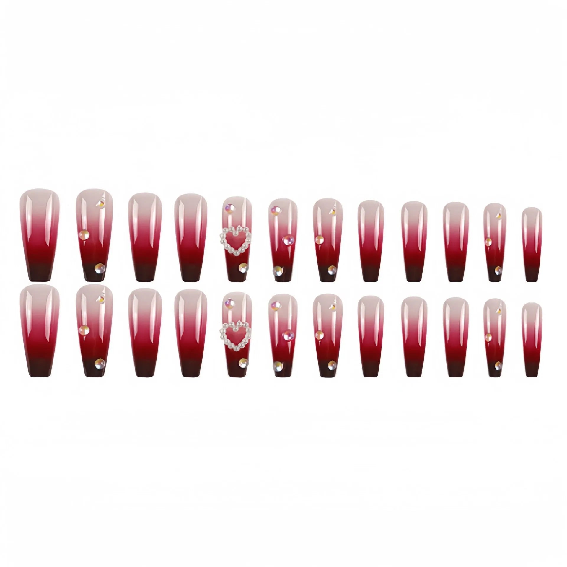 Wine red gradient false nail tips with heart and pearl pattern in long ballet style