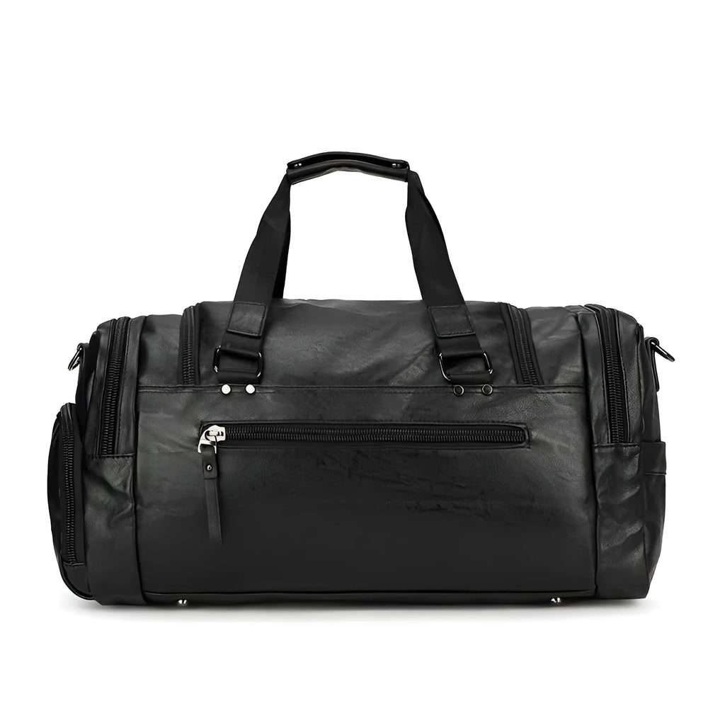 Large black travel bag with shoe compartment, made from waterproof PU material.