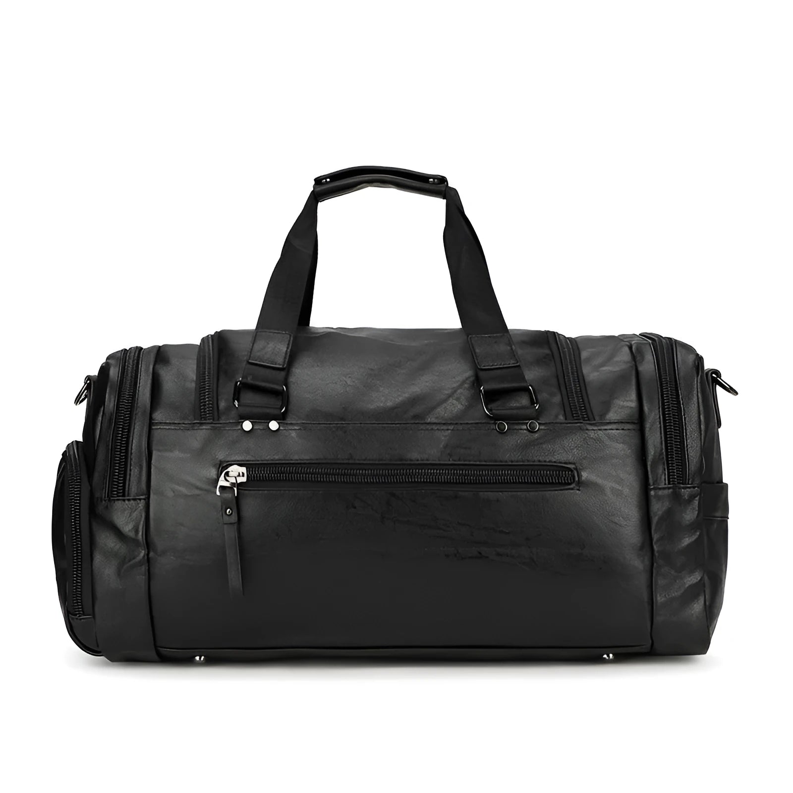 Large black travel bag with shoe compartment, made from waterproof PU material.