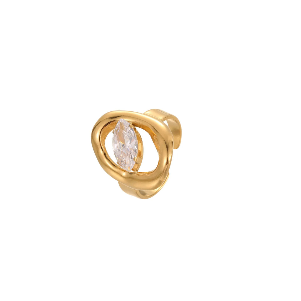 Geometric open mouth zircon ring in stainless steel with adjustable design and multiple colour options
