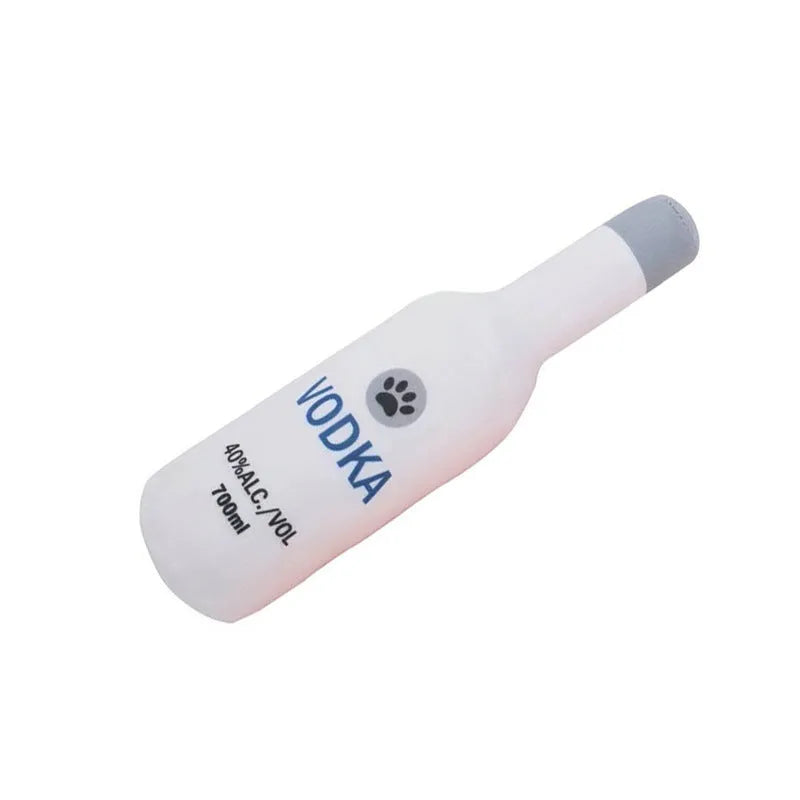 Soft plush wine bottle pet toy for dogs and cats in multiple colour variations