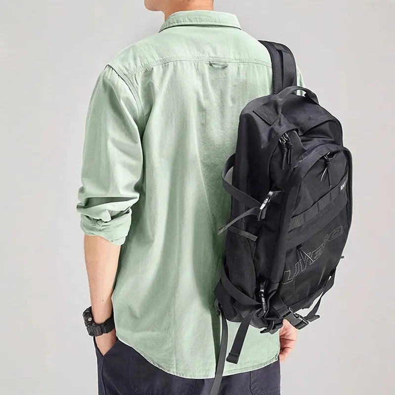 Men's loose fit long sleeve cardigan shirt in polyester, shown in light grey, black, khaki, or green.