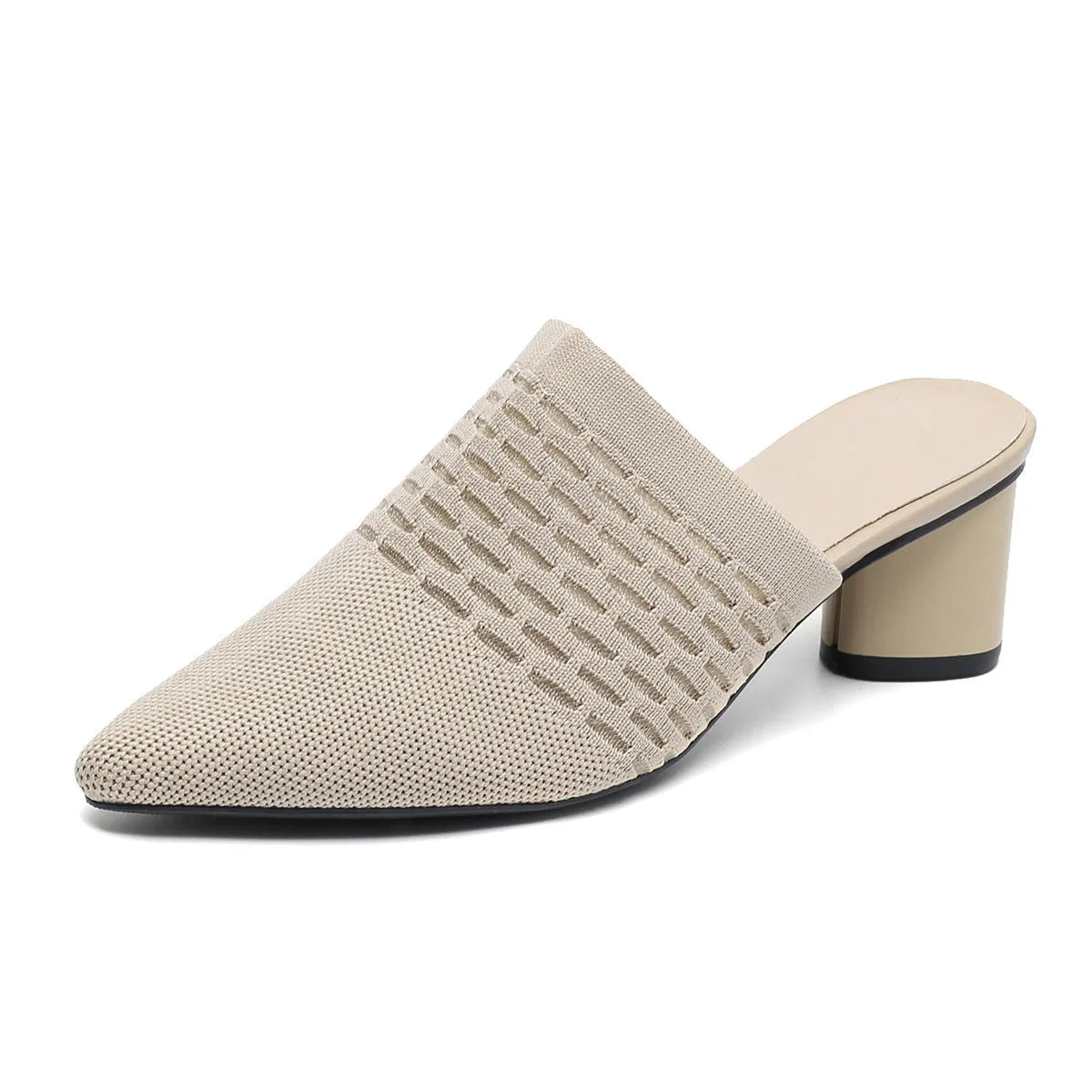 Women's black pointed toe sandals with toe cap and a 5cm chunky heel.