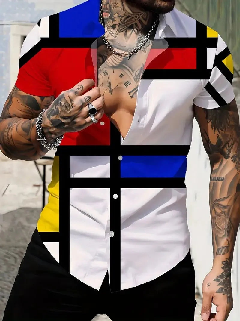Men's slim fit geometric line print short sleeve shirt with a lapel collar.
