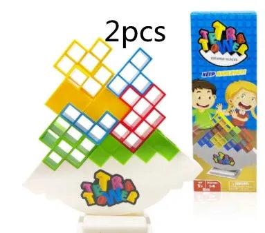 Colourful plastic balance stacking game with 16 blocks, chassis and base for family play