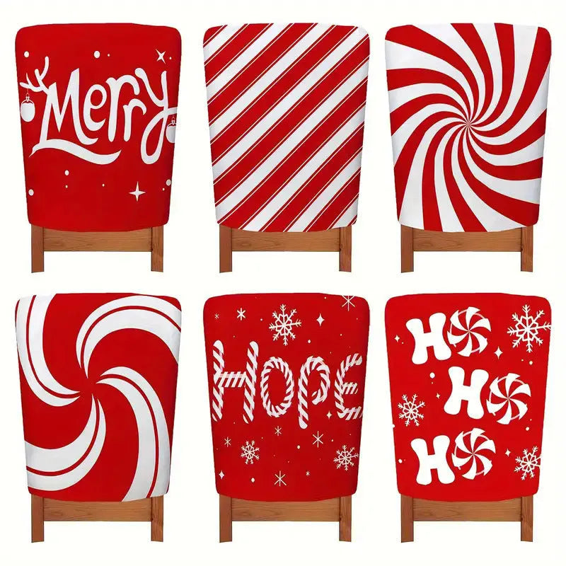 Set of six rectangular polyester chair covers with festive stripe and geometric pattern in British style