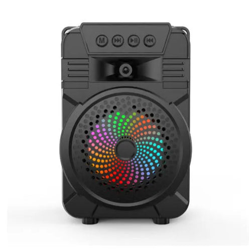 Black ABS plastic outdoor portable Bluetooth speaker with microphone and card subwoofer front view