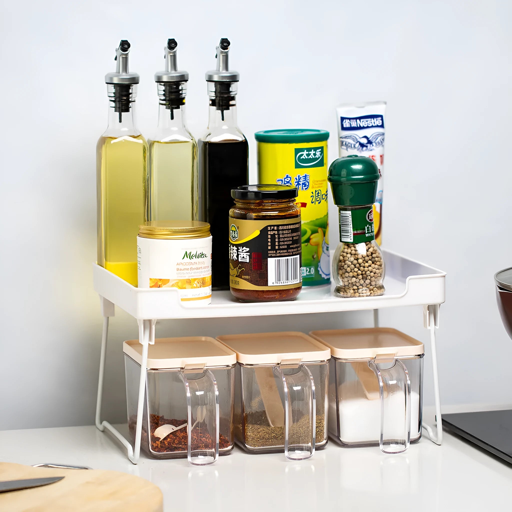 Plastic kitchen supplies storage rack in transparent or white colour
