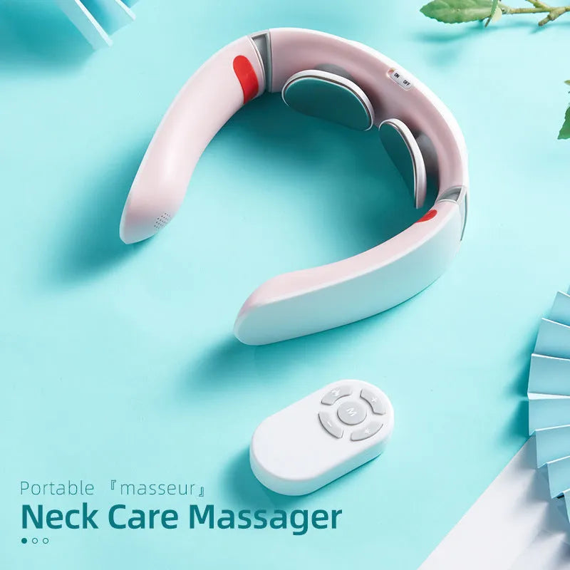 Grey white neck massager with voice control and ergonomic neck curve design