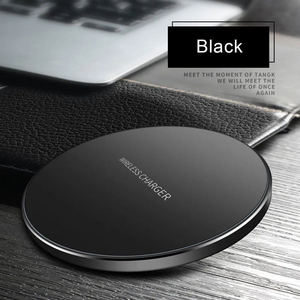 Ultra-thin black wireless charging pad with compact square design showing 9V fast charging capability