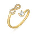 Geometric open metal ring with zircon stones displaying a single letter, available in gold, rose gold, and silver finishes.