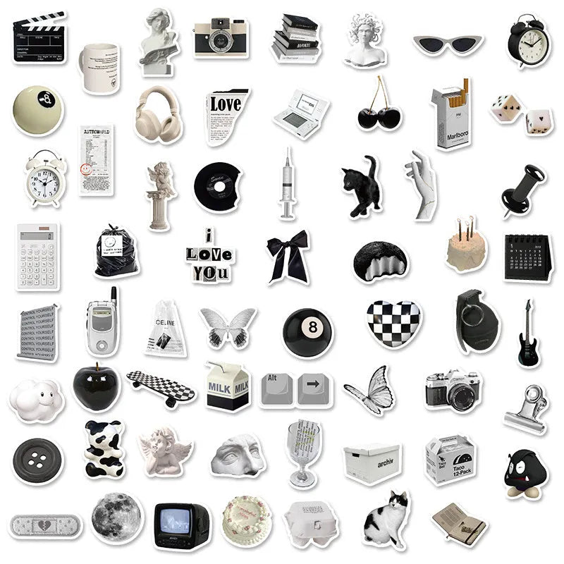 61 black and white simple design PVC waterproof stickers for laptops and phones.