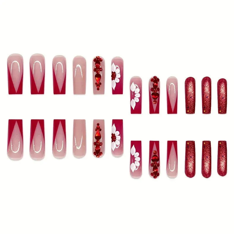 Sweet Flowers pattern false nails with prismatic red diamonds in European Square long style with nail glue and file