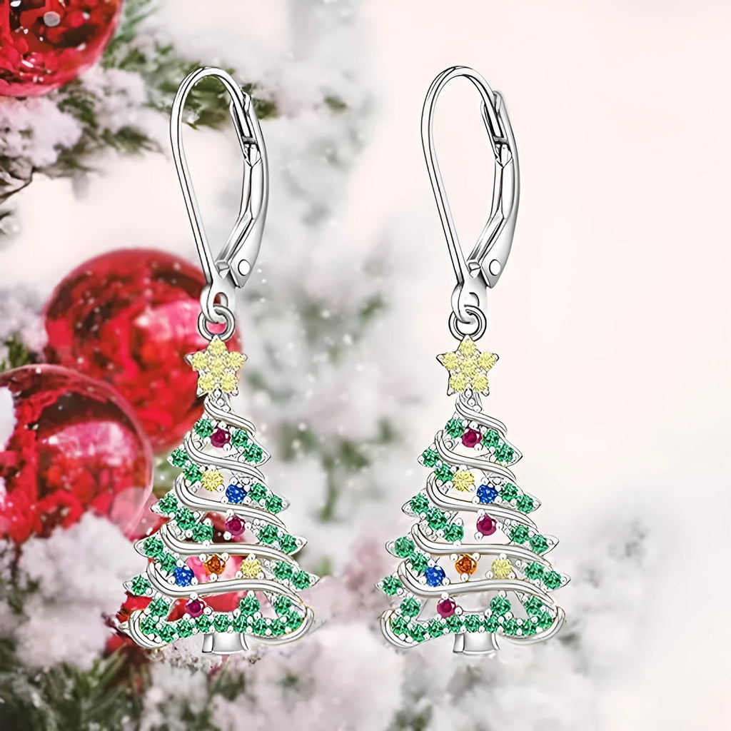 White gold colour Christmas tree earrings with star shape design for women