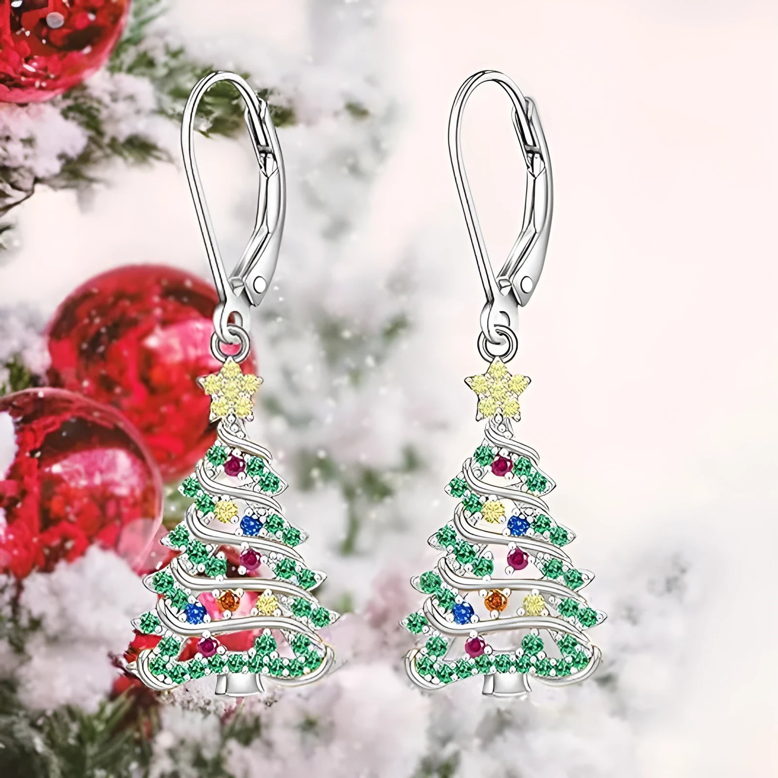 White gold colour Christmas tree earrings with star shape design for women
