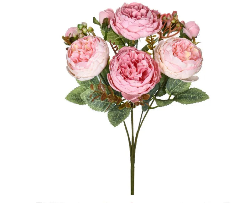 Artificial silk peony flower bouquet in champagne and sand red colours for home decor.