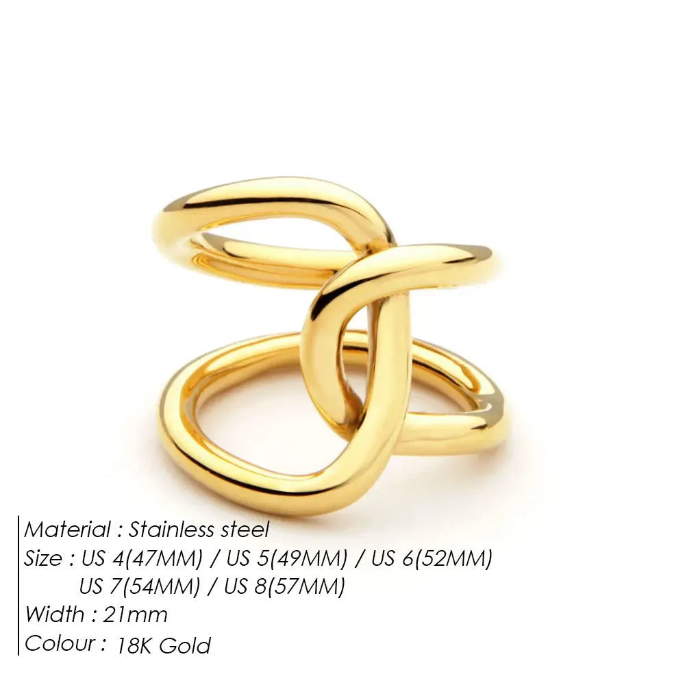 Adjustable stainless steel ring for women with a knotted geometric U-shape design in gold or silver tone.