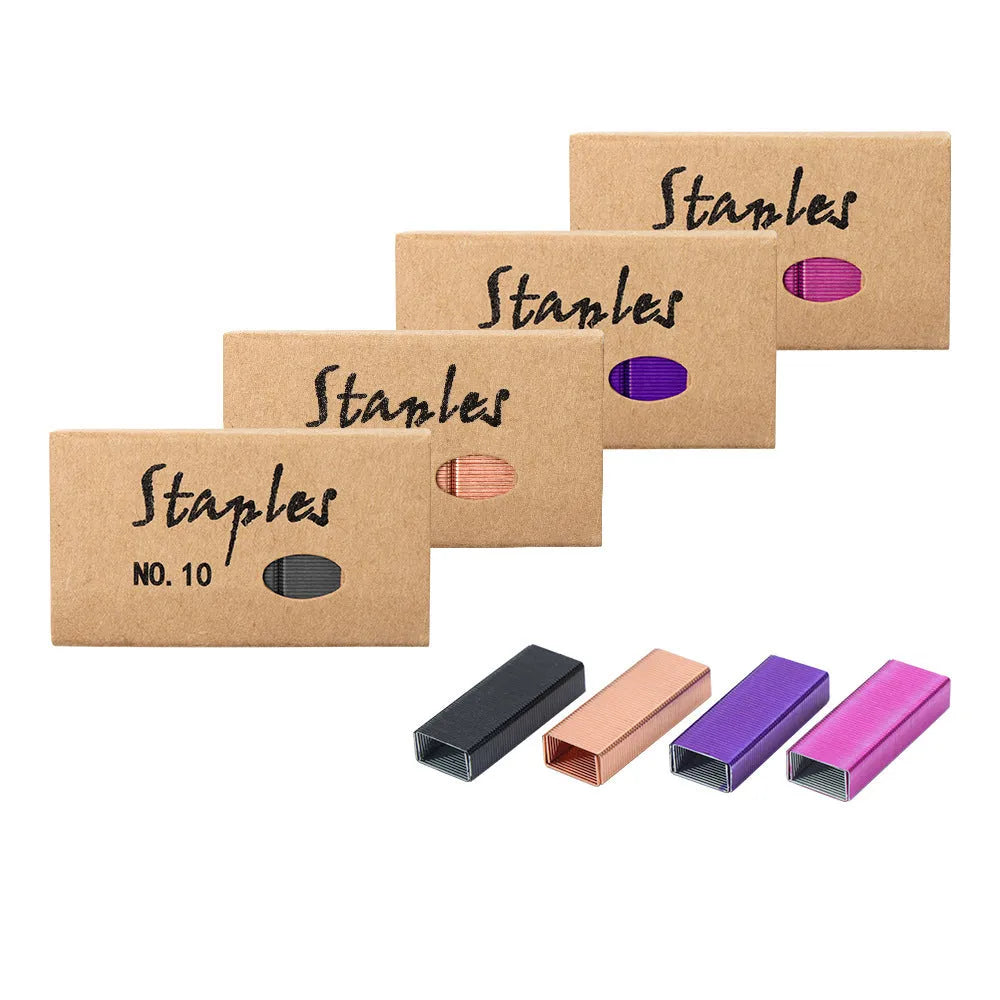 A box of 1000 metal office staples in choices of black, purple, rose gold, or rose red colour.
