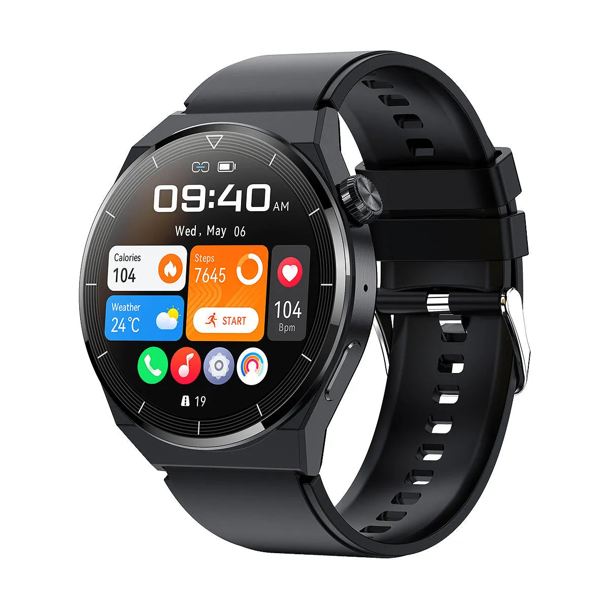 Round Android smart watch with black silicone strap showing Bluetooth calling and NFC access functions on its screen.