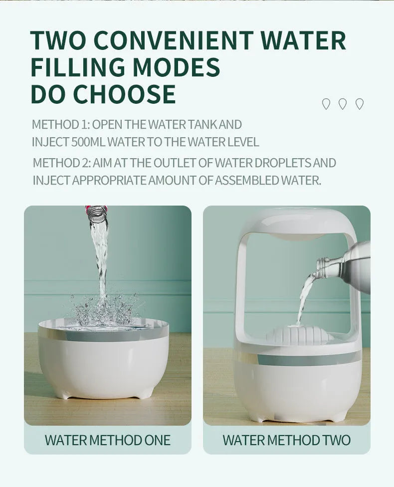 White anti-gravity water droplet humidifier on a table with USB cable, showing mist output