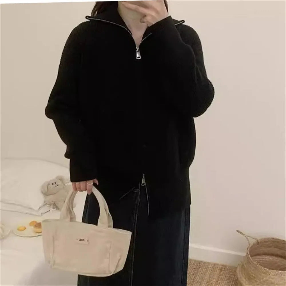 Hong Kong style floral patterned double zipper knitted cardigan in loose fit