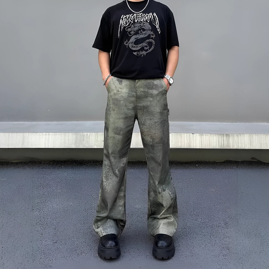 Men's straight leg jeans with retro digital camouflage pattern on dark denim fabric