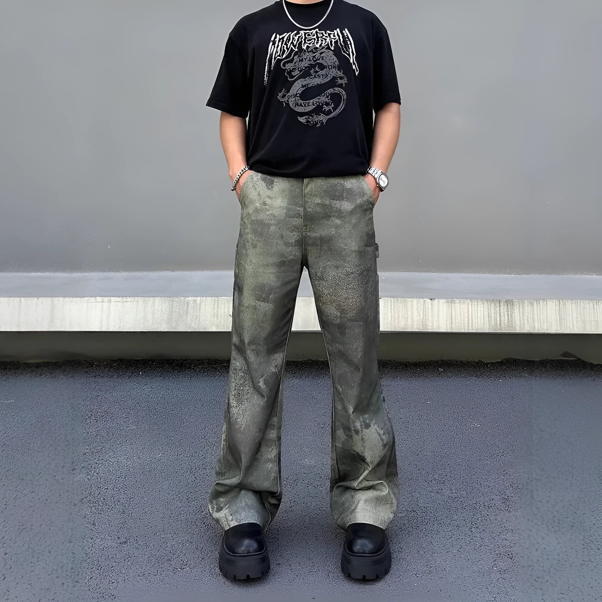 Men's straight leg jeans with retro digital camouflage pattern on dark denim fabric
