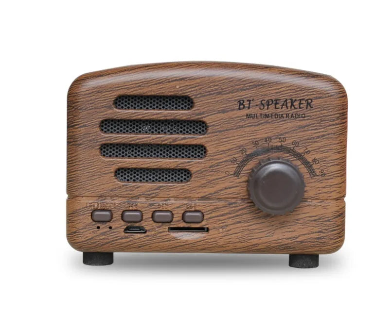 Vintage wood grain Bluetooth speaker with compact dimensions on wooden surface
