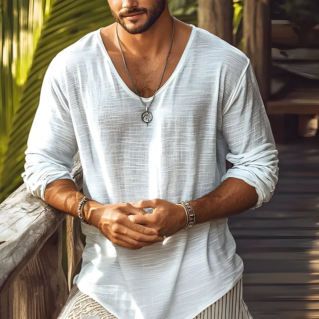 Beige V-neck long-sleeved slim fit t-shirt made from hemp blend fabric
