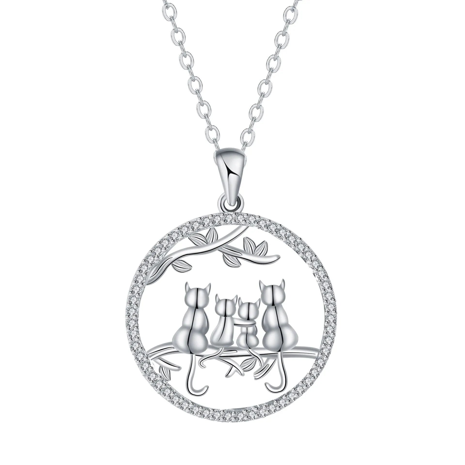 Copper necklace with four kitten pendant on cross chain, electroplated finish