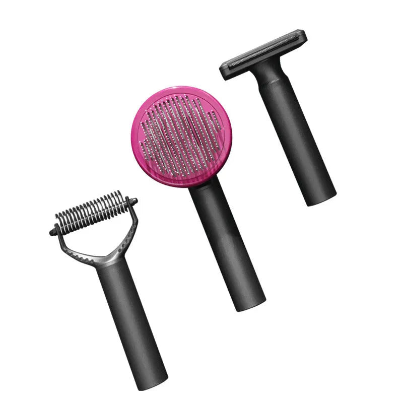 Pet hair removal and knot comb set in matte black and noble purple, AUS304 stainless steel and ABS, for cats and dogs
