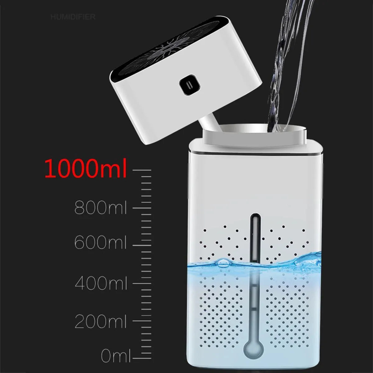 Black and white desktop humidifier with USB port and 1000ml water capacity for home office use