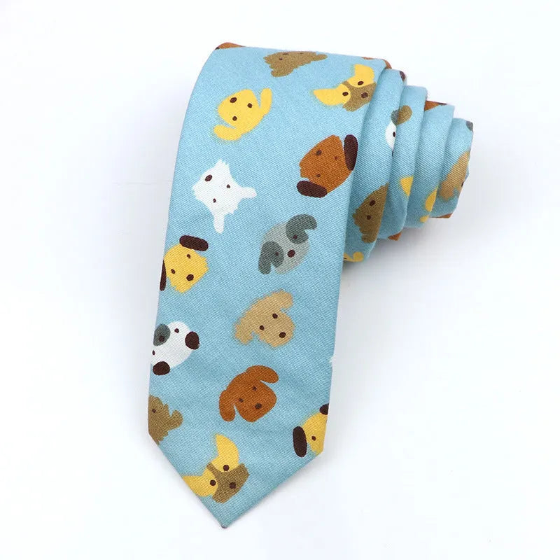 Korean style narrow men's cotton bow tie with a cartoon print pattern on an adjustable neck band.