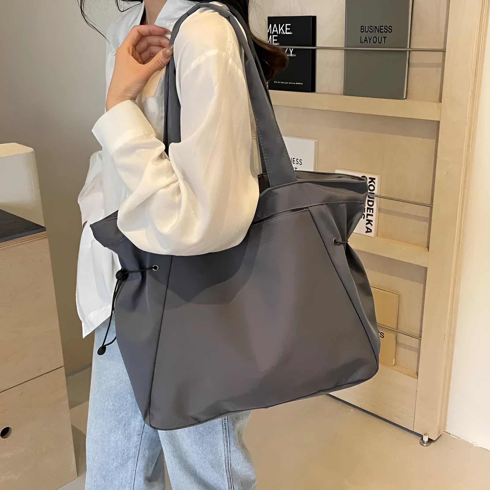 Soft Oxford cloth folding shoulder tote bag shown in available colour options