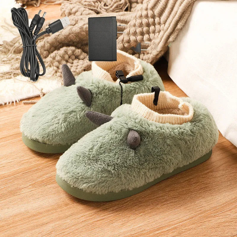 USB electric heating slippers in grey with adjustable temperature control and soft velvet upper.