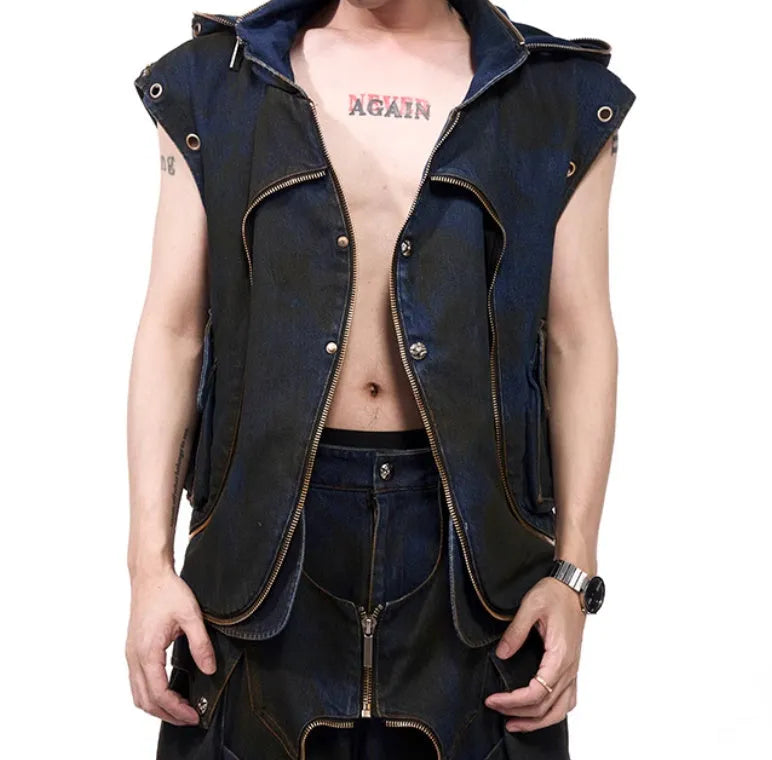 Blue hooded denim-style vest and matching trousers set with front zipper in Korean heavy industry deconstructs style.