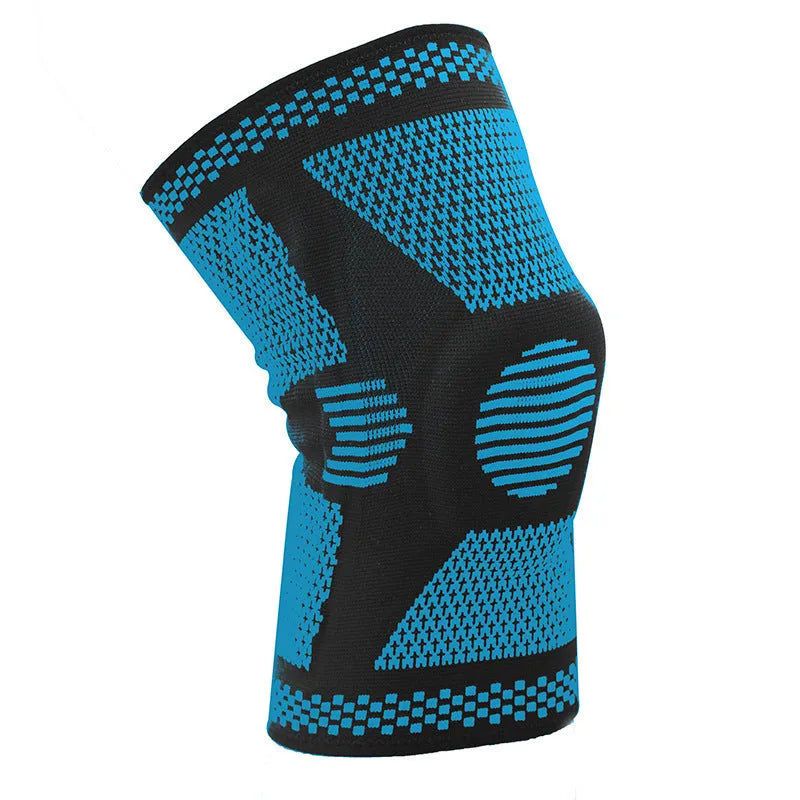 Sports knee pads with silicone spring design in blue colour showing polyamide sleeve construction
