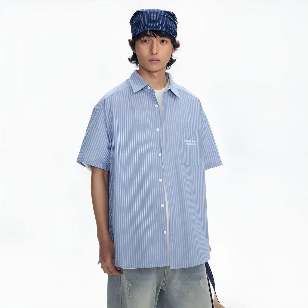 Blue striped short-sleeved overalls shirt with loose cardigan fit on hanger