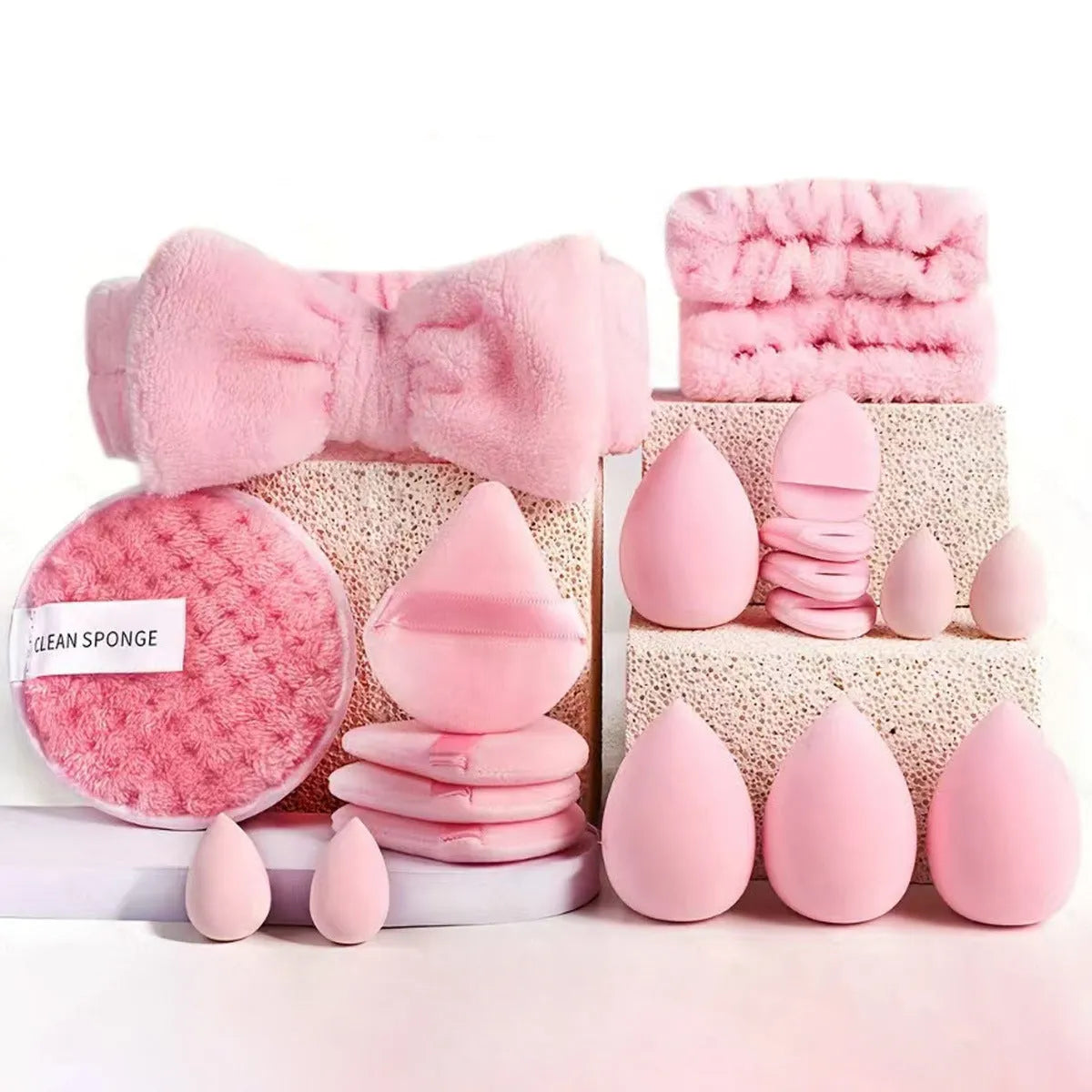 Beauty tool set with hydrophilic non-latex sponges in brown, pink and purple colour options