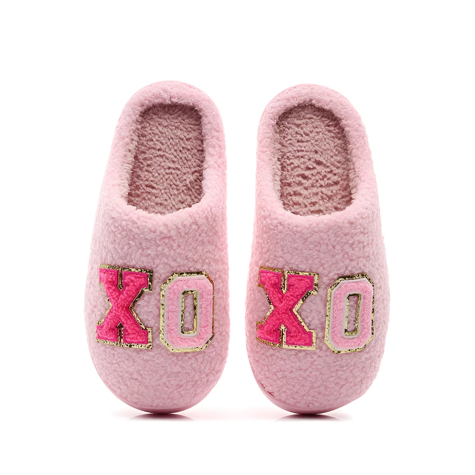 Warm grid letter cotton women's slippers in pink with artificial plush inner lining and closed toe