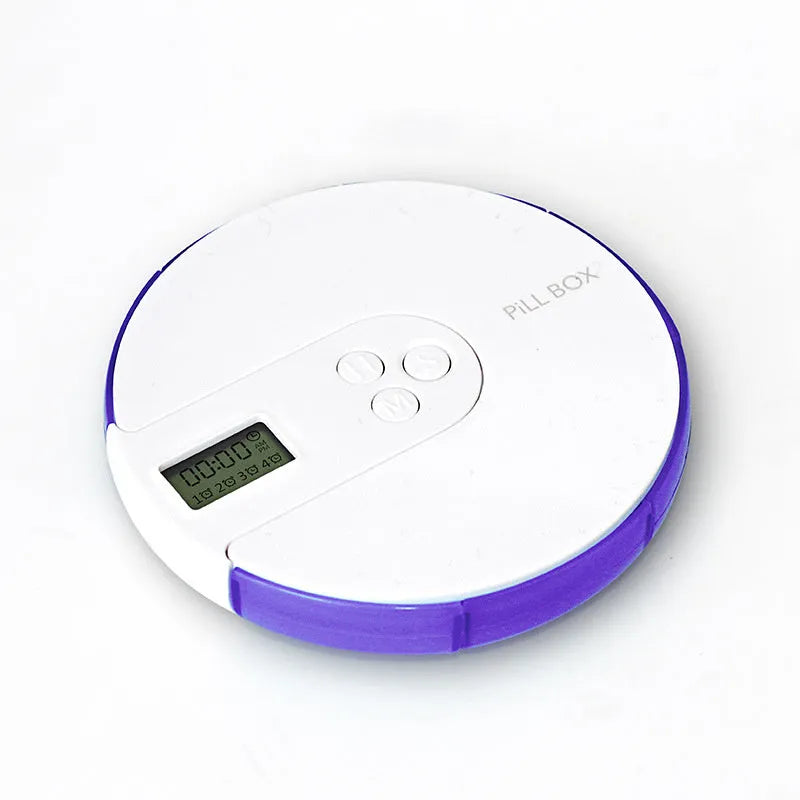 Seven compartment electronic pill dispenser with digital display and alarm clock functions in multiple colour options