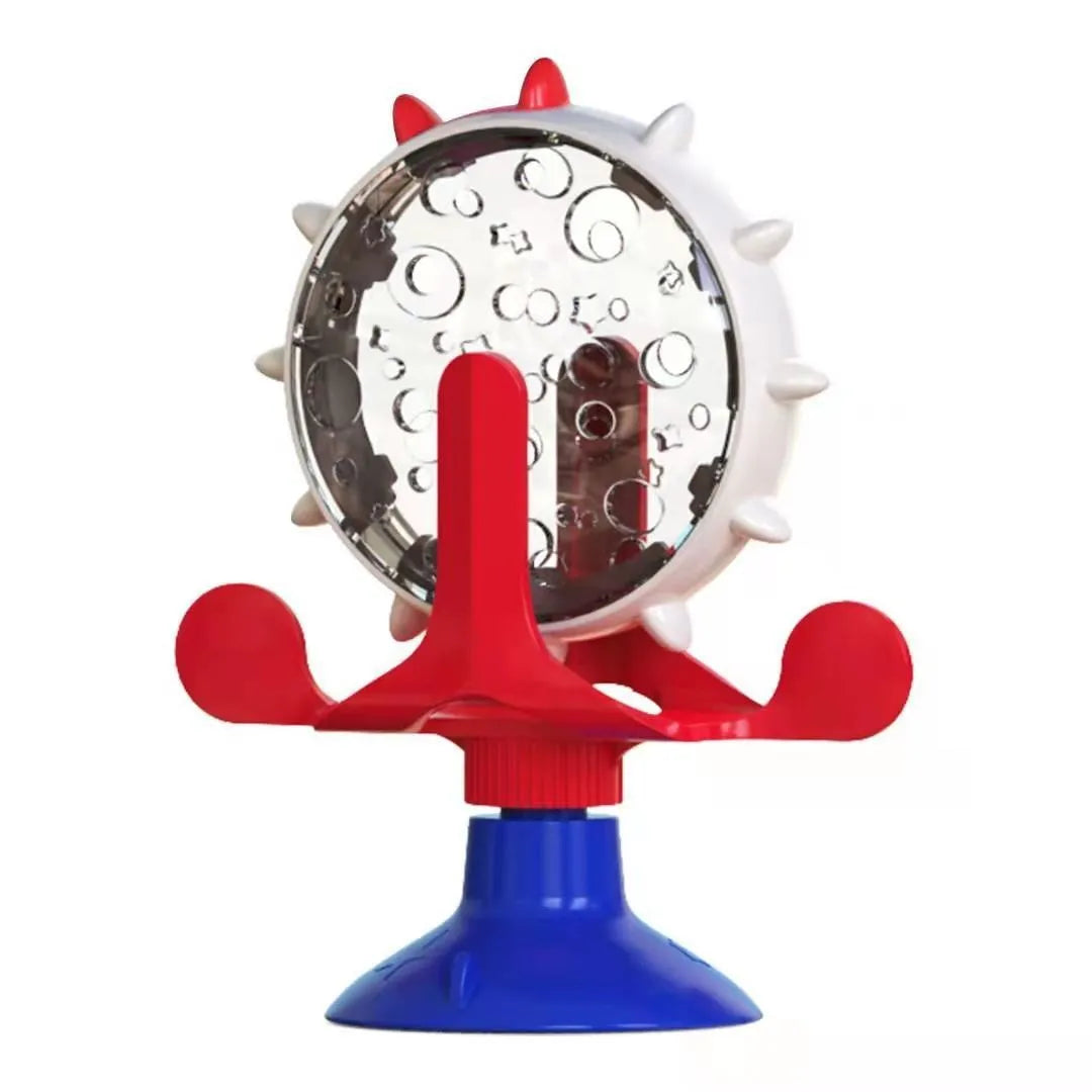 Interactive pet puzzle feeder with colourful spinner and suction cup base for cats and small dogs