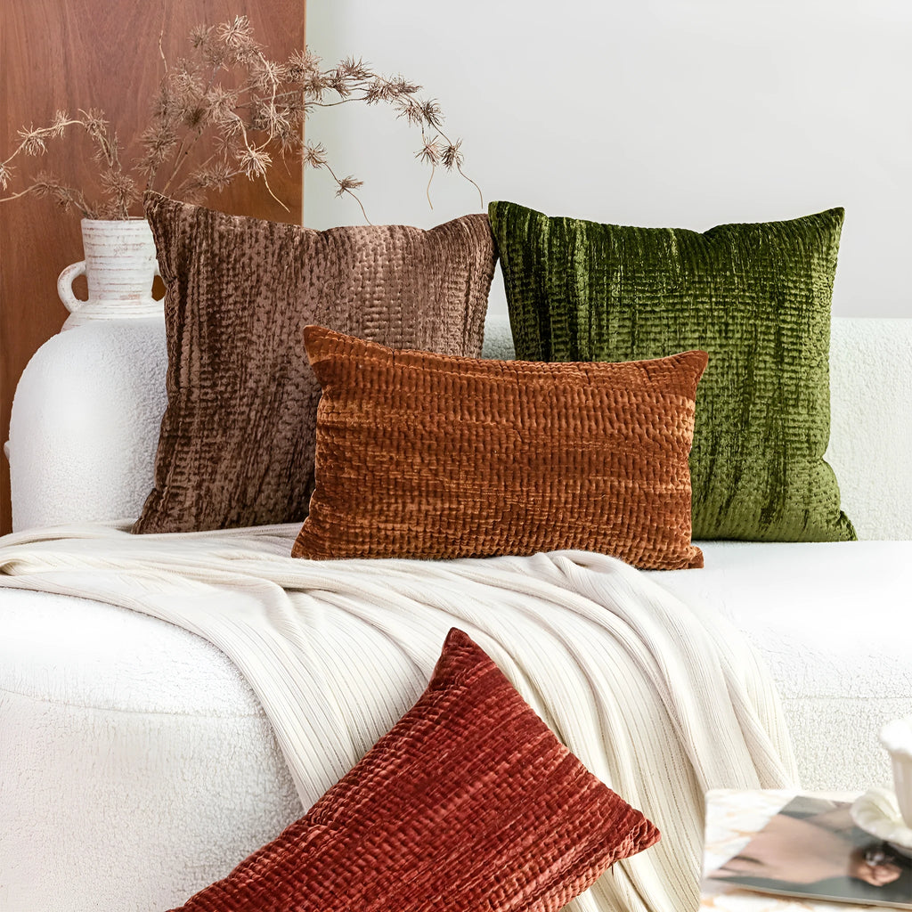 Antique style quilted velvet cushions in square and waist sizes with feather velvet cores