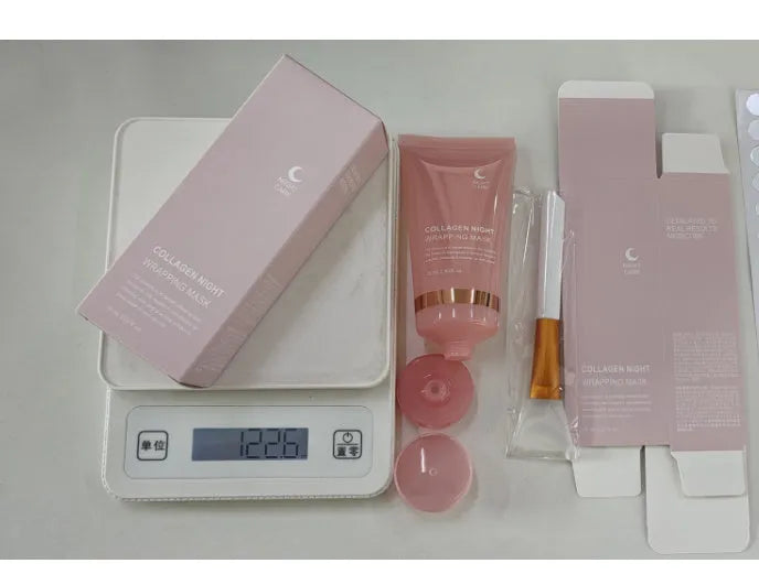 75ml bottle of collagen night sleep mask with application brush for firming and hydrating skin