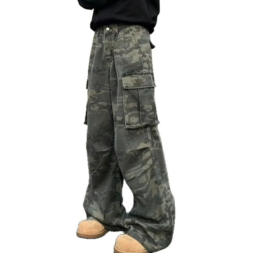 Korean style washed camouflage cargo pants with multiple pockets in cotton blend fabric