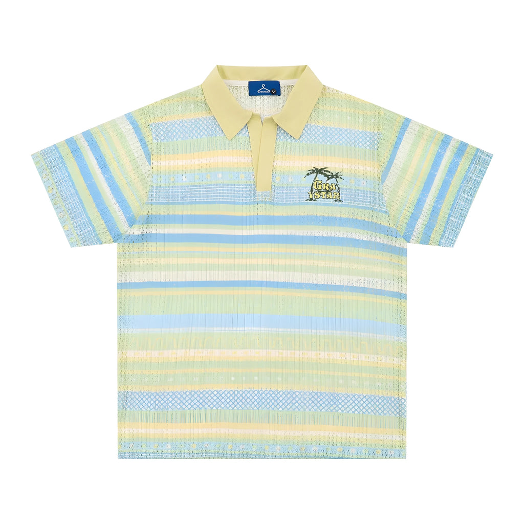 Men's blue printed short sleeve shirt with loose fit and elastic polyester fabric
