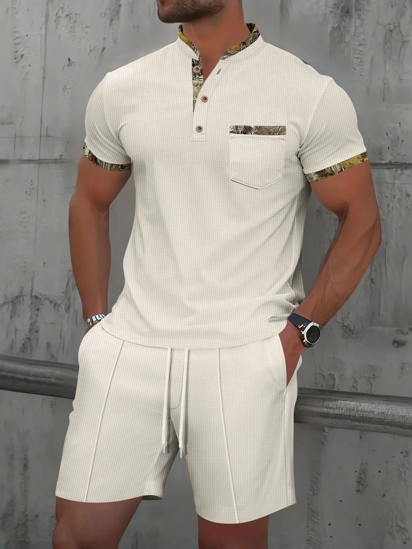 Men's grey summer suit with polo collar short sleeve jacket and matching shorts on hanger