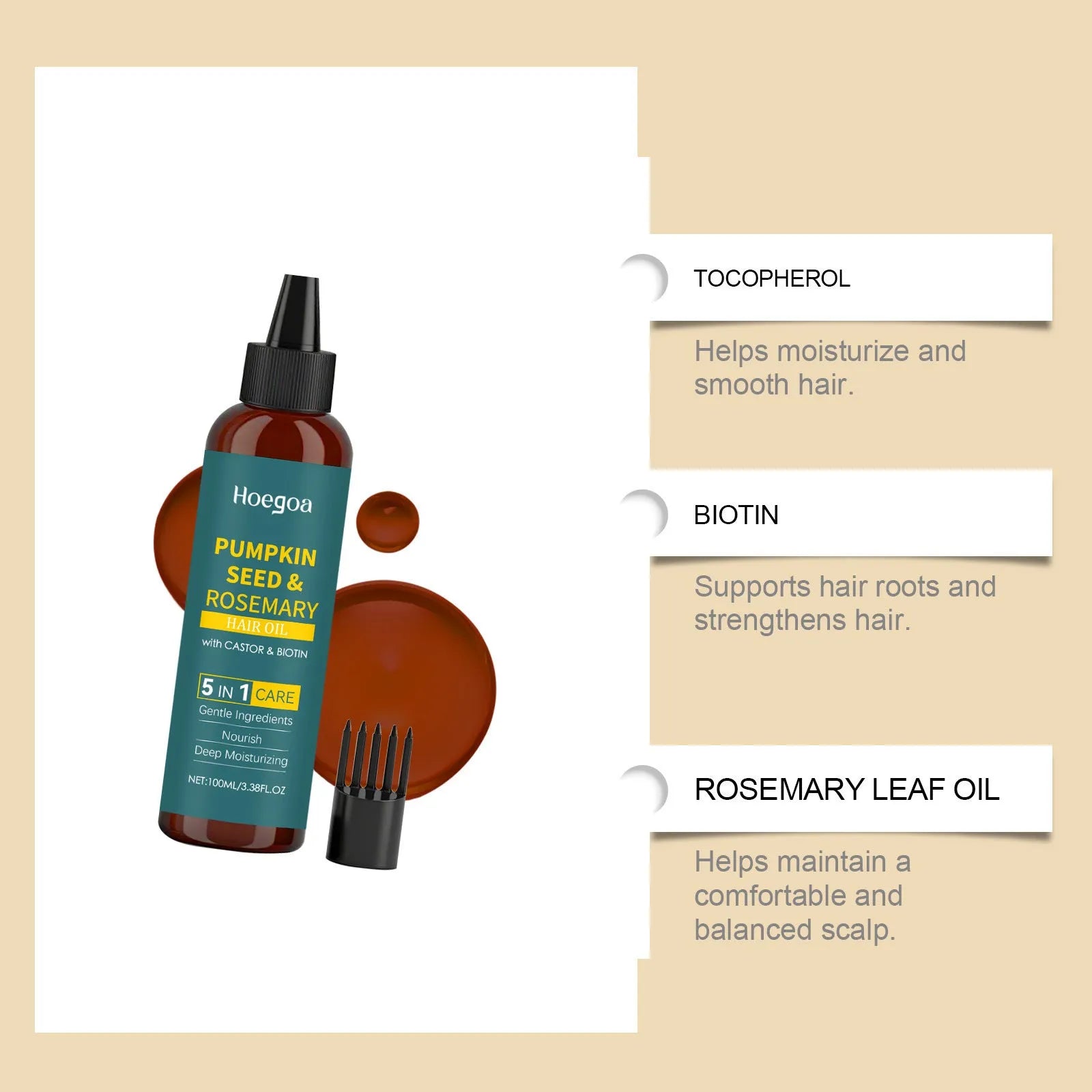 Rosemary essential oil 100ml bottle with pointed applicator and detangling comb for hair care treatment